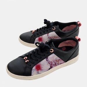 Ted Baker Fushar Black Leather Floral Sneakers | Women’s US 7 | Low Top